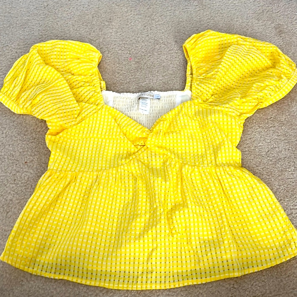 Luxuoire Bright Yellow Gingham check plaid Puff Sleeve Ruffled Sweet Heart Top